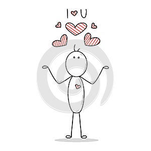 Stickman is watching the striped red hearts, fall in love. I love you. Happy Saint Valentines day, feelings, emotions, love, man