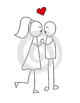 Stickmen love couple. Valentines day card. Pair in love kiss with heart