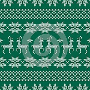 Seamless Pattern Christmas Norwegian Style Embroidery Green And White