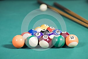 Sticks and billiard balls on the pool table