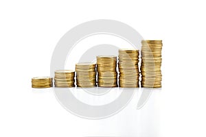 Sticks of coins in order on white background. Concept: Saving Money, Money Grow