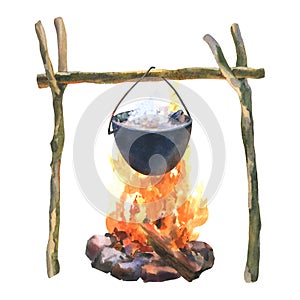 Sticks with knots for hanging the cauldron over the fire. Watercolor illustration isolated on white background.