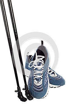 Sticks for Nordic walking and sports shoes