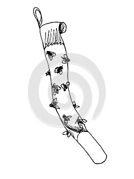 Sticky flypaper tape with glued flies, trap for flies or fly-killing device. Outline sketch on white background isolated