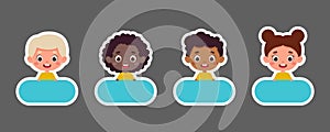 Sticky labels set for children name. Cute kid boy and girl name tags for school. Cute cartoon kids shaped notepads, flag