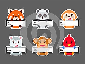 Sticky labels set of panda, sloth, red panda, opossum, monkey, parrot. Cute cartoon animal tags for notepad, memo pad, flag marker