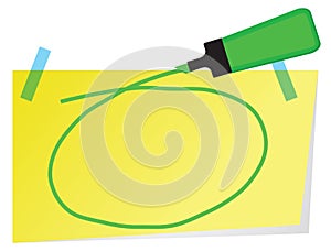 Sticky note with green highlighter pen and hand drawn circle to