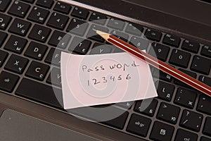 Sticky note with password and pencil