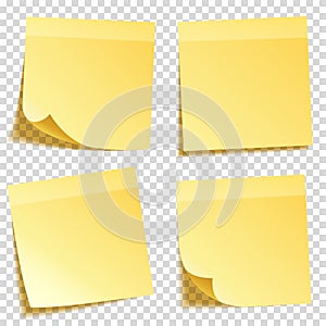 Sticky note with shadow isolated on transparent background set. Yellow paper. Message on notepaper.Reminder. Vector