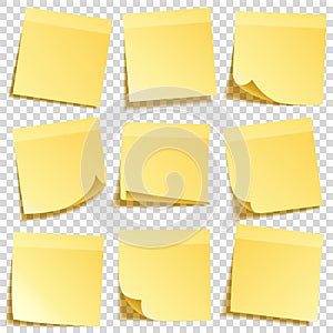 Sticky note with shadow isolated on transparent background set. Yellow paper. Message on notepaper.Reminder. Vector