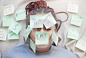 Sticky note, stress and woman with questions on face for frustrated lifestyle management thoughts. Thinking girl with