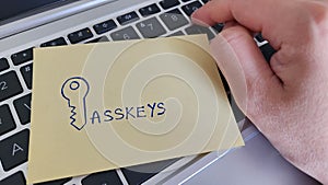 A sticky note with the word Passkeys placed on a keyboard