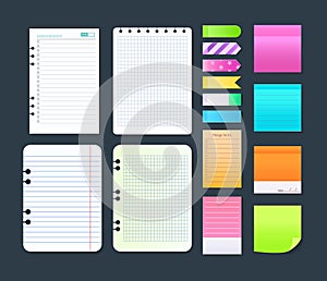Sticky notebook paper. Set colorful memo, blank torn pages sheets, sticky pieces of ripped paper vector