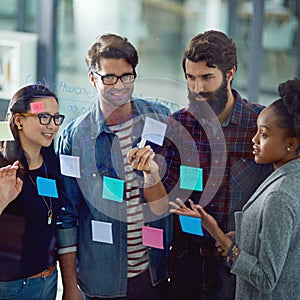 Sticky notes, board and business people with teamwork in office for planning or brainstorming. Collaboration, diversity