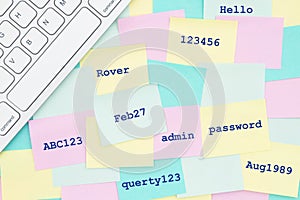 Sticky notes with a bunch of the worst passwords