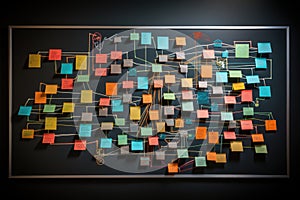 Sticky notes on chalkboard, flowchart, business, tasks