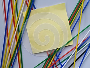 sticky notes with colourful stick on white background photo