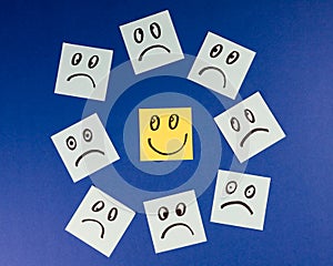 Sticky notes with hand drawn Smiley face and Sad faces on blue background. Positive way of thinking concept