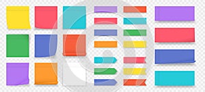 Sticky notes. Paper colored square reminders isolated on transparent background, empty notebook page. Vector paper sheet