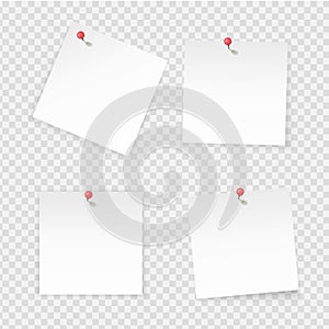 Sticky notes. Paper stick notes isolated on transparent background. Empty notebook page pinned red pushbutton. Vector