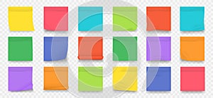 Sticky notes. Square colored blank notepad pages with crumpled edges isolated on transparent background. Vector set