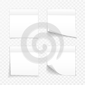 Sticky Paper Note with Shadow Effect. Blank White Memo Note Stickers for Posting Isolated on Transparent Background. Vector Illust