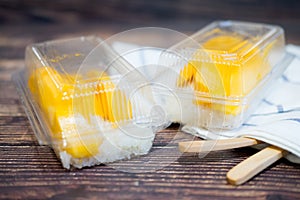 Sticky rice coconut milk with mango in clear plastic box