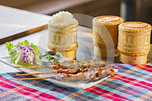 Sticky rice with pork skewer