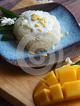 Sticky rice and rip sweet mago on wood tray photo