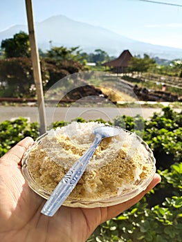 Sticky rice with soy powder and beautifull place