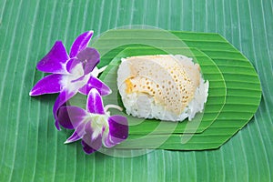 Sticky rice with steamed custard on banana leaves, sweet sticky rice, Thai sweet dessert,