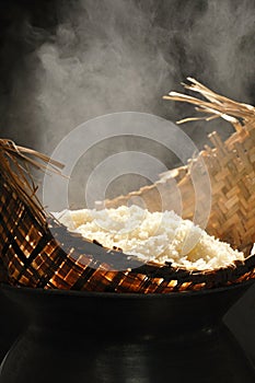 Sticky rice in wicker steamer