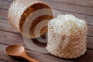 Sticky rice in woven bamboo container