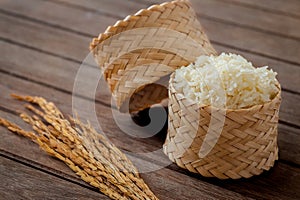 Sticky rice in woven bamboo container