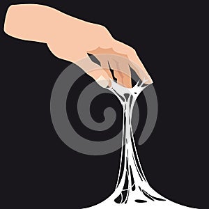 Sticky slime, reaching for stuck by the hand between fingers, white banner template. Glue Jelly The substance is sticky