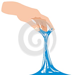 Sticky slime, reaching for stuck by the hand between fingers, white banner template. Glue Jelly The substance is sticky