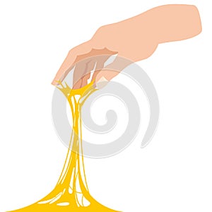 Sticky slime, reaching for stuck by the hand between fingers, white banner template. Glue Jelly The substance is sticky