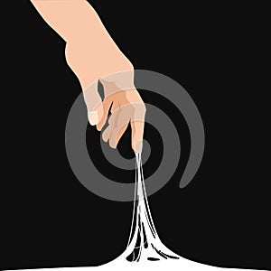 Sticky slime reaching stuck for hand, white banner template. Popular children s sensory toy vector illustration. Cartoon