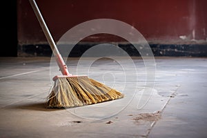 a stiff-bristled broom on a dusty cement floor