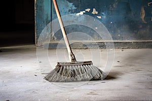 a stiff-bristled broom on a dusty cement floor