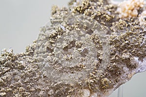 Stilbite and calcite with pyrite powder. Close-up, background and texture. Soft focus, selective focus