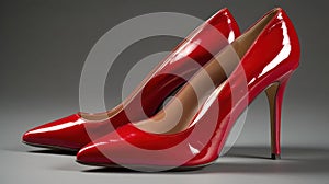 The stiletto heels on these red patent leather pumps elongate the legs of their wearer created with Generative AI