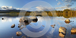 Still lake in early morning light, Loch Morlich, Scotland