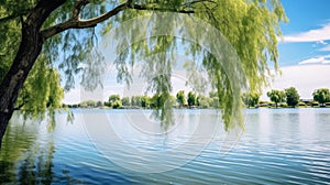 Still lake with weeping willow trees in scenic view