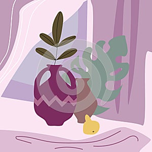 Still life abstract contemorary minimalism. Vase flora intreior abstract elements shapes. Modern poster, banner, cover
