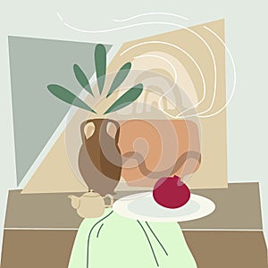 Still life abstract contemorary minimalism. Vase flora intreior abstract elements shapes. Modern poster, banner, cover