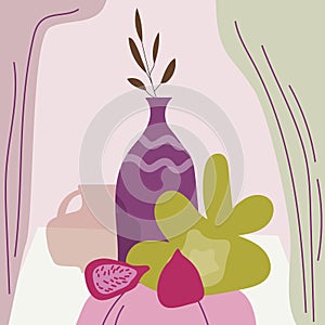 Still life abstract contemorary minimalism. Vase flora intreior abstract elements shapes. Modern poster, banner, cover