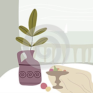 Still life abstract contemorary minimalism. Vase flora intreior table landscape, abstract elements shapes. Modern poster