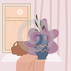 Still life abstract contemorary minimalism. Vase flora intreior window abstract elements shapes. Modern poster, banner