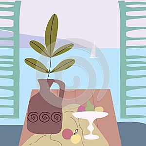 Still life abstract contemorary minimalism. Vase flora intreior window table abstract elements shapes. Modern poster